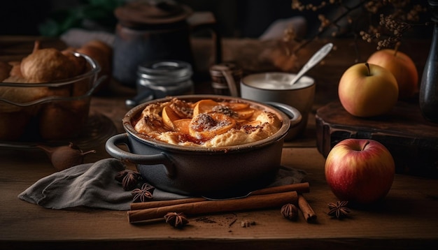 Tarte aux pommes rustique cuite sur une table en bois générée par l'IA