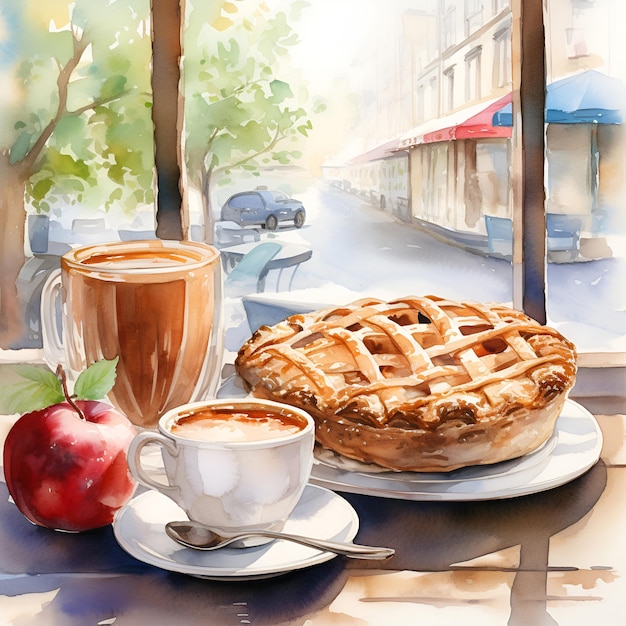 tarte aux pommes avec une tasse de café et une tasse de cacao sur la table dans un café avec vue sur la ville illustration aquarelle IA générative