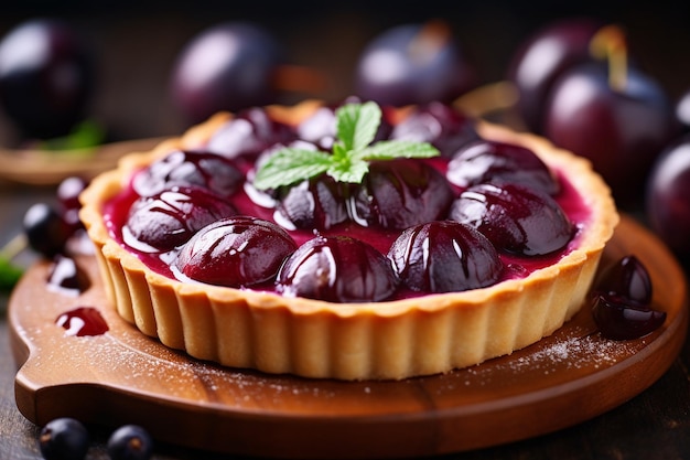 Une tarte aux prunes ouverte sur une planche de bois