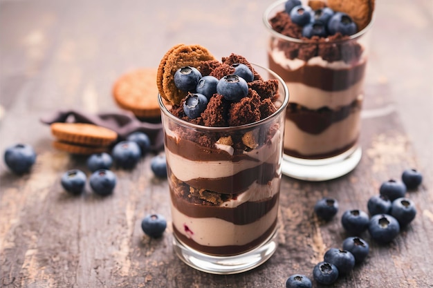 Une tarte à la boue au pudding au chocolat avec des miettes de biscuits et des bleuets.