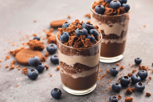 Une tarte à la boue au pudding au chocolat avec des miettes de biscuits et des bleuets.