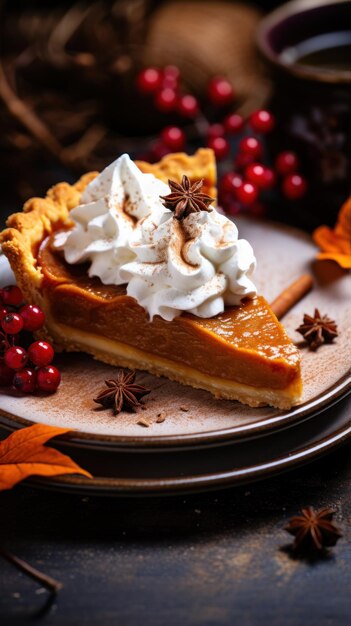 Photo une tarte à la citrouille avec de la crème fouettée et de la cannelle.