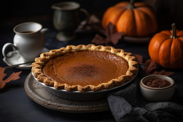 Une tarte à la citrouille est posée sur une table avec une tasse de café et un bol de noix.