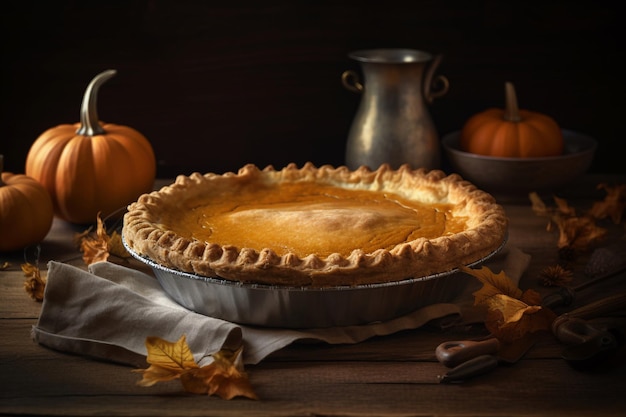 Une tarte à la citrouille se trouve sur une table avec un chiffon blanc et un bol argenté de citrouilles sur la table.