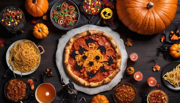 Photo une tarte à la citrouille avec des spaghettis sur le dessus