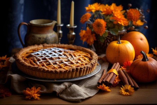 Tarte à la citrouille traditionnelle américaine à la cannelle et à la menthe Concept de Thanksgiving génération AI