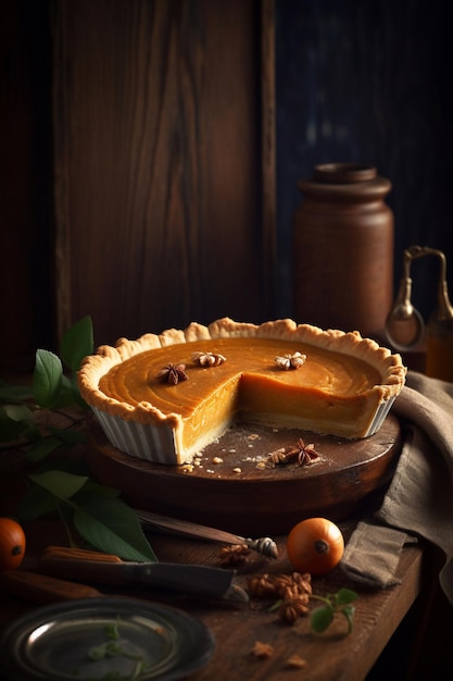 Une tarte à la citrouille avec une tranche retirée de celle-ci.