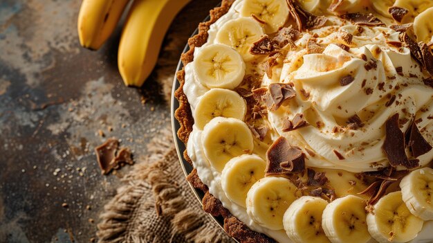 Photo une tarte à la crème à la banane avec du chocolat rasé sur le dessus