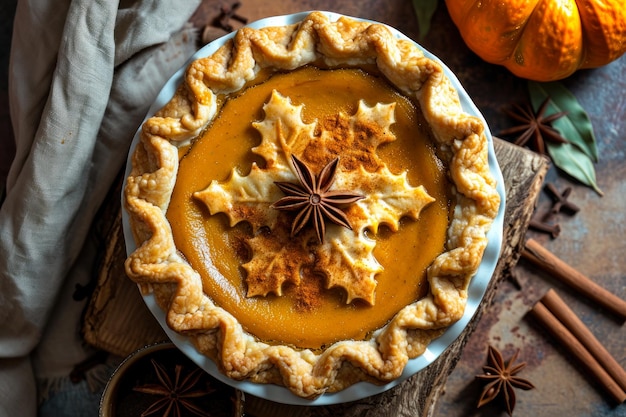 Tarte à la crème avec des pommes vue de haut