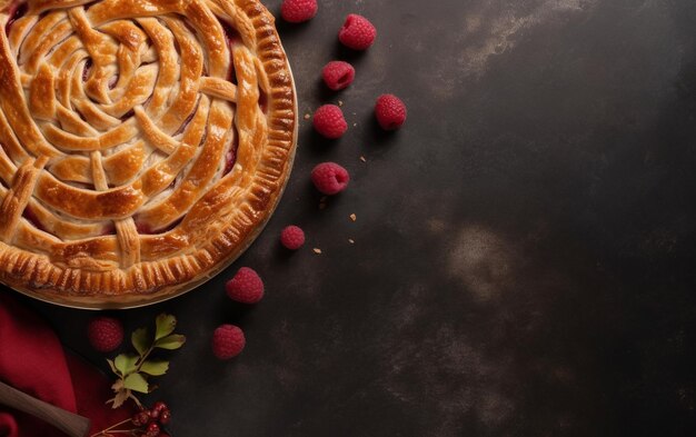 Une tarte avec une croûte de framboise et des framboises sur fond noir