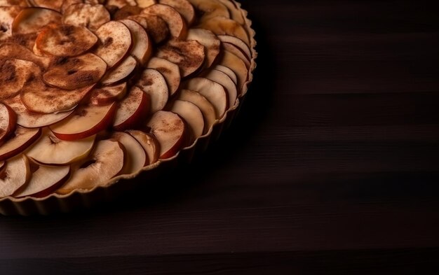 Une tarte avec une croûte de tarte sur un fond sombre.