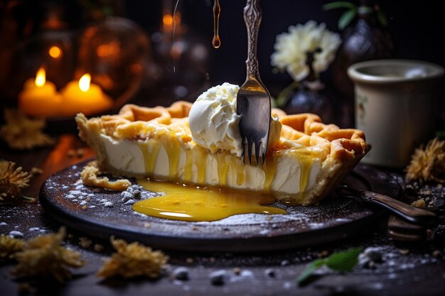 Une tarte avec une cuillère de crème glacée à la vanille sur le côté