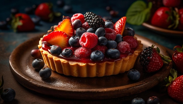 Une tarte douce rustique faite maison avec des garnitures de fruits frais générées par l'intelligence artificielle