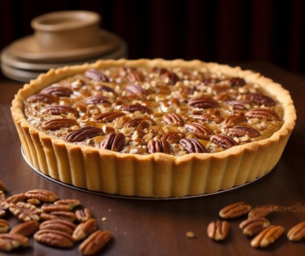 Une tarte à l'érable et aux pacanes avec une croûte de beurre