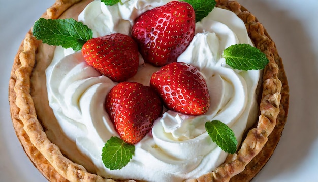 Photo tarte avec des fraises et de la crème fouettée