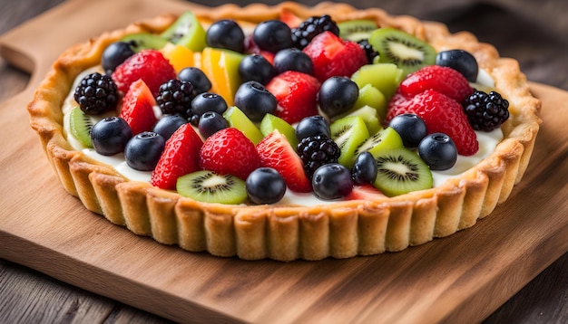 Photo une tarte avec des fruits sur elle est assise sur une planche en bois