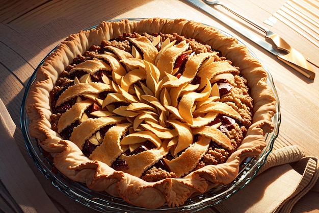 Une tarte avec une grosse tarte aux pommes dessus