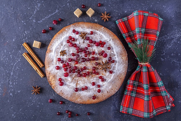 Photo tarte de noël décorée de sucre en poudre et de canneberges.