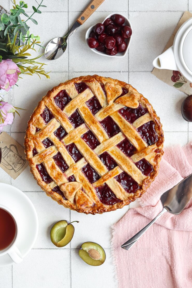 Une tarte avec une part de tarte dessus