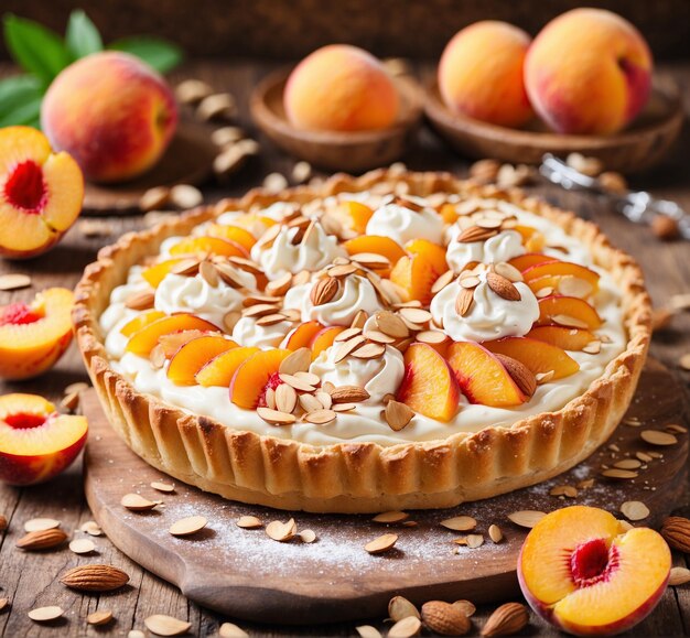 Photo une tarte avec des pêches et de la crème sur elle est assise sur une table