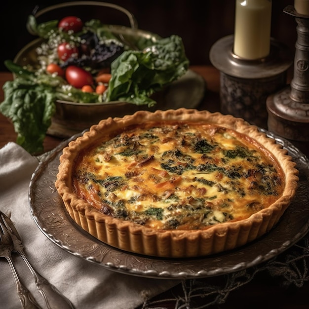 Tarte quiche au jambon tomates épinards et fromage à pâte molle sur fond rustique IA générative