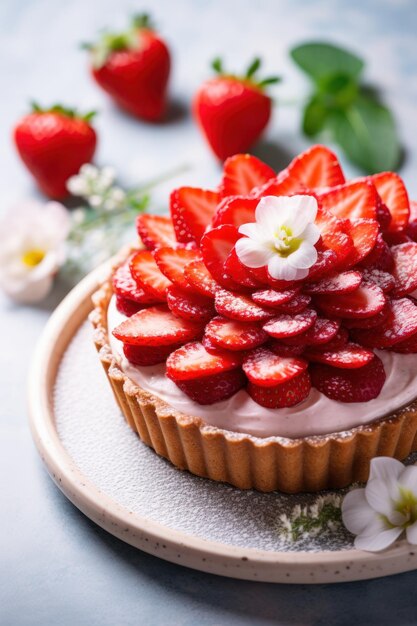 Photo une tarte remplie de crème avec des fraises fraîches