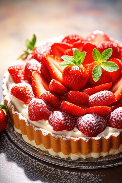 Une tarte remplie de crème avec des fraises fraîches