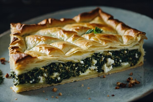 Une tarte savoureuse faite avec des couches de pâtisserie phyllo floconneuse remplie d'épinards