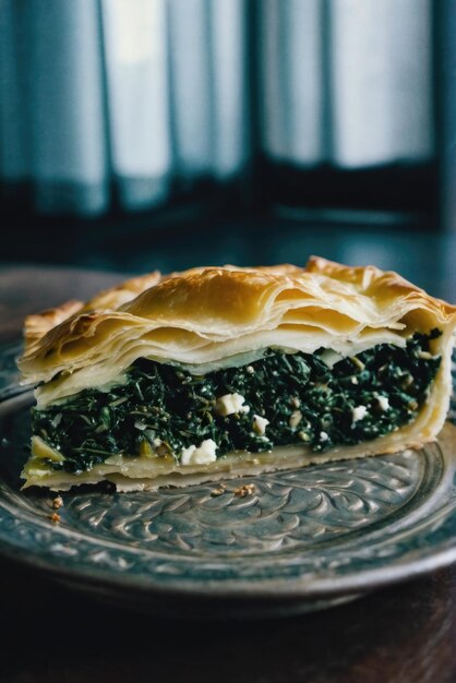 Une tarte savoureuse faite avec des couches de pâtisserie phyllo floconneuse remplie d'épinards