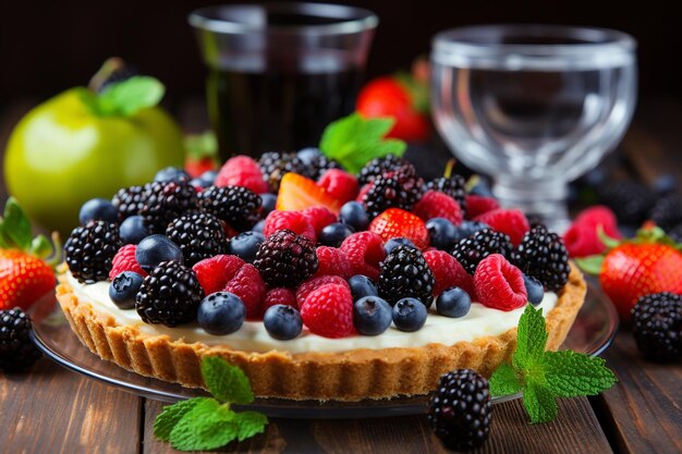 Une tarte surmontée de fruits frais et d'un glaçage