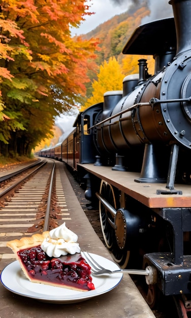 Une tarte de Thanksgiving sur une plate-forme ferroviaire avec un vieux train à vapeur.