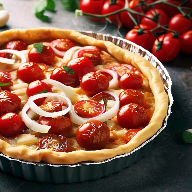 Tarte avec des tomates cerises, du fromage et des oignons sur une plaque de cuisson en aluminium de la série Manger sainement