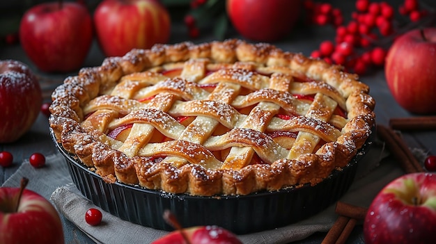 une tarte avec un topping de cannelle et des pommes sur une table