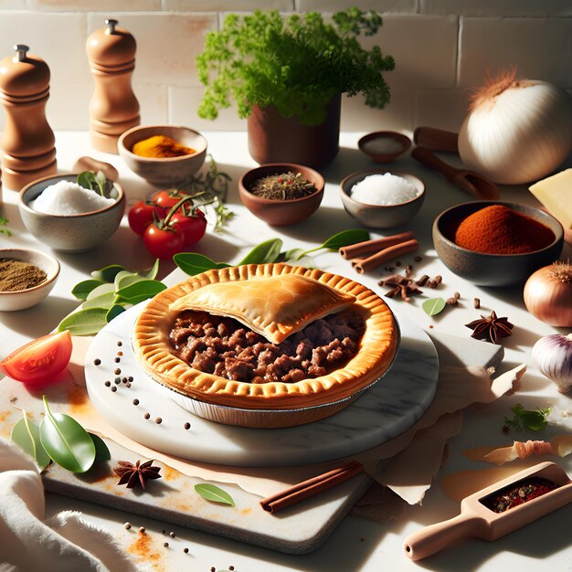 Une tarte à la viande australienne avec du bœuf sur un comptoir en marbre