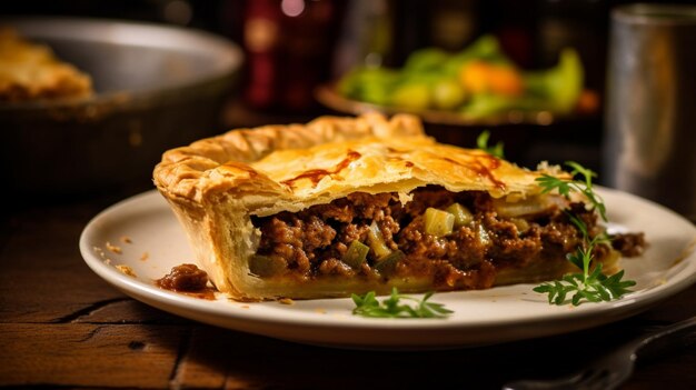 Photo une tarte à la viande gourmande avec une croûte floconneuse dorée et une garniture savoureuse débordante de saveur