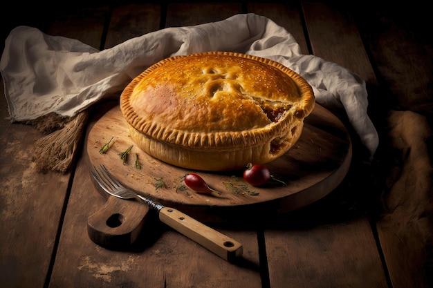 Tarte à la viande rouge ronde sur table en bois rustique