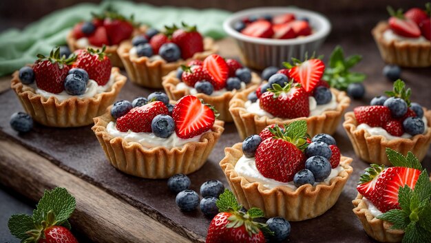 Des tartelettes appétissantes avec de la crème, des fraises, des bleuets et de la menthe.