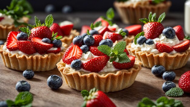 Des tartelettes appétissantes avec de la crème, des fraises, des bleuets et de la menthe.