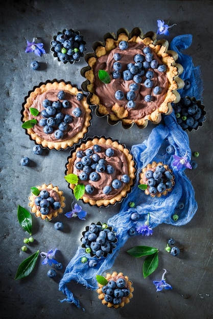 Tartelettes maison et rustiques aux myrtilles fraîches et chocolat