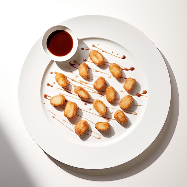 Photo des tartes sur une assiette blanche avec de la sauce de trempage dans le style de caractères simplistes