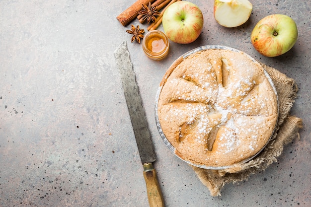 Tartes aux pommes et ingrédients sur gris