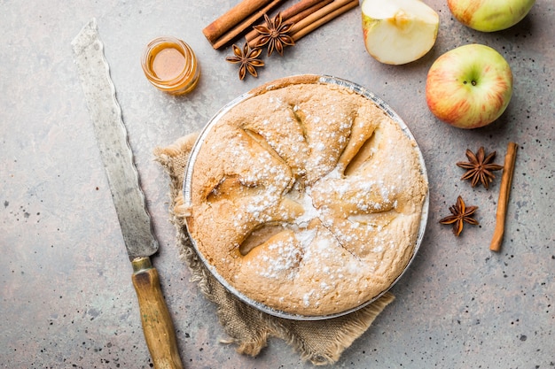 Tartes aux pommes et ingrédients sur gris