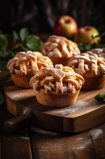 Tartes aux pommes sur une planche de bois avec des pommes sur le côté