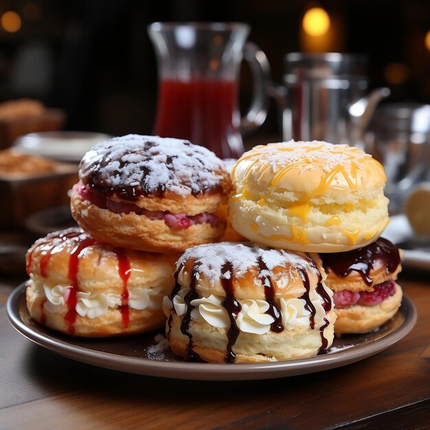 Des tartes délicieuses, des galates, des biscuits, des gâteaux servis sur une planche de bois sur la table du café.