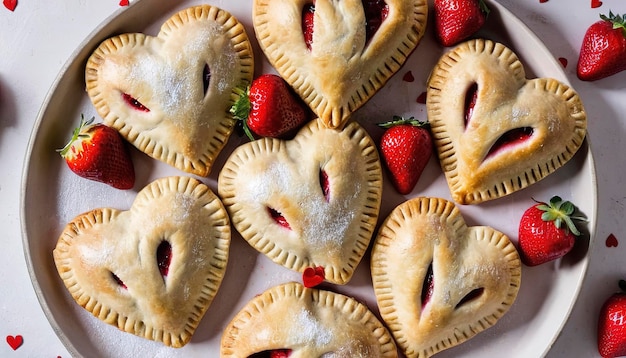 Des tartes à la fraise en forme de cœur, des friandises faites maison pour la fête de la Saint-Valentin.