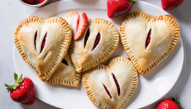 Des tartes à la fraise en forme de cœur, des friandises faites maison pour la fête de la Saint-Valentin.