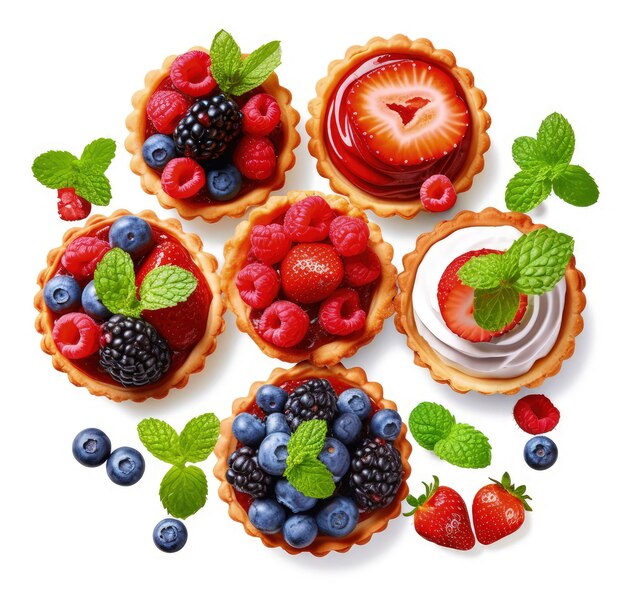 Des tartes avec des fraises, du raisin et de la crème fouettée décorées de feuilles de menthe