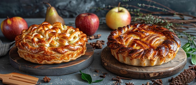 Des tartes de pommes et de poires sur la table