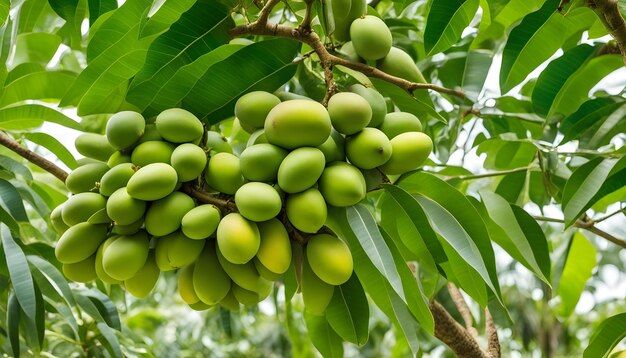 un tas d'amandes vertes poussent sur un arbre