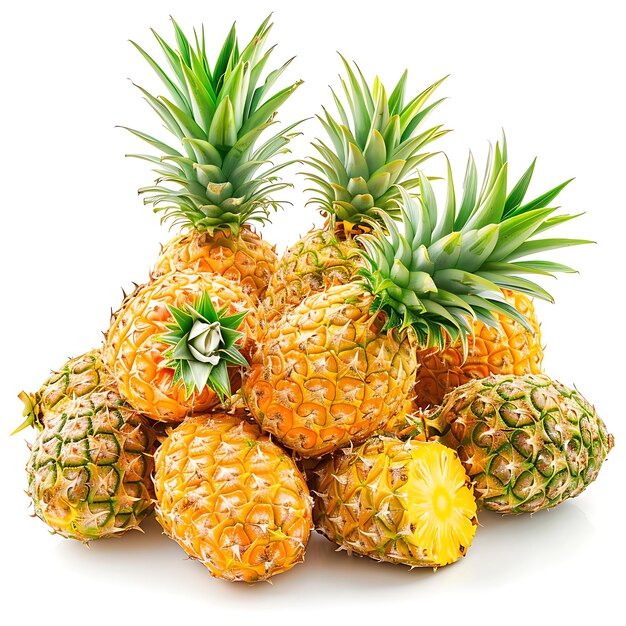 Un tas d'ananas frais et mûrs sur un fond blanc